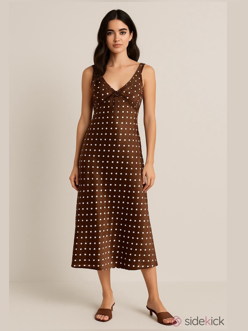 Thirty Thirty Viral Brown And White Polka Dot Satin Dress With Lace Trim Size L